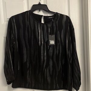 DKNY Black Metallic Zebra-Stripe Long Sleeve Blouse